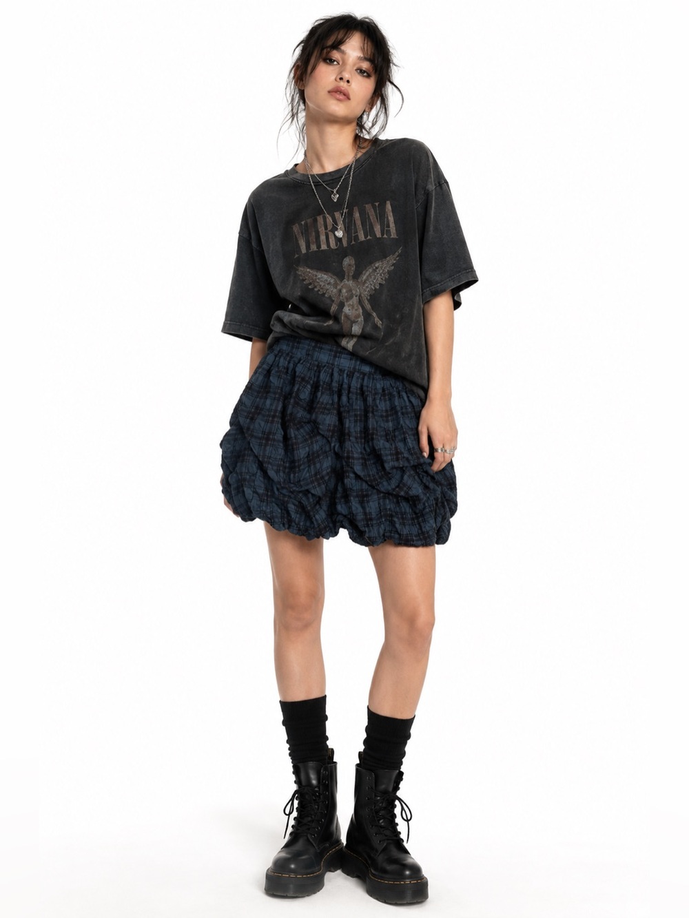 River Island Navy Plaid Bubble Skirt Y2K Fairy Grunge Whimsigoth Balloon Preppy